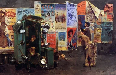 Posters on a Wall and a Man Mending Metal Pots